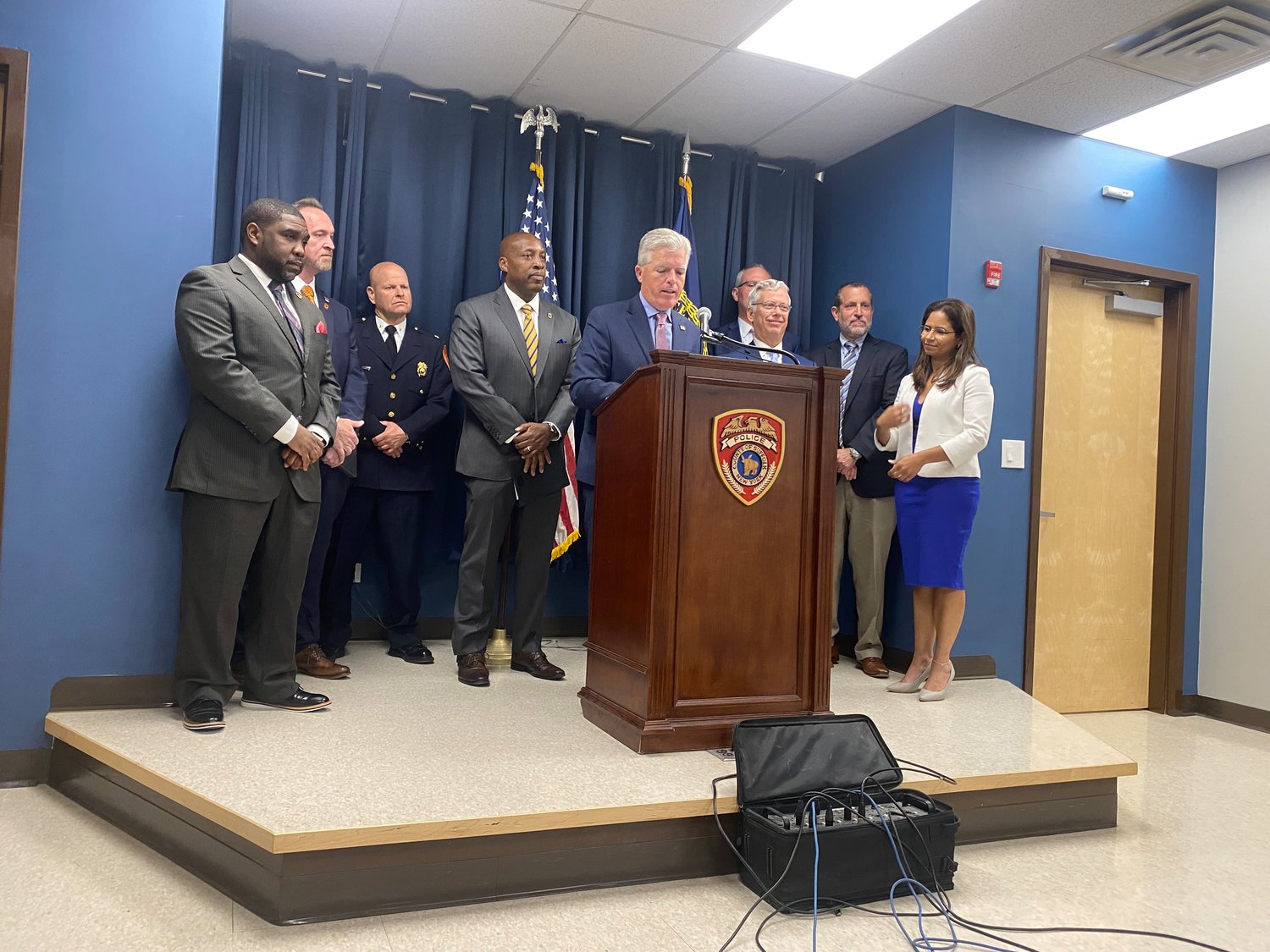 Suffolk County executive Steve Bellone speaks at a press conference detailing the county’s proactive approach to school threats.